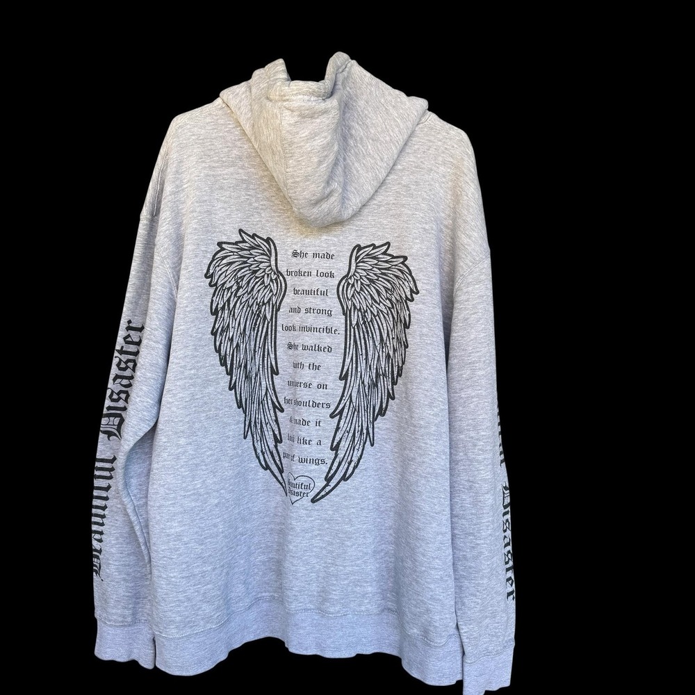 Beautiful Disaster Hoodie Womens 3X Gray Angel Wings Graphic Fleece Pullover - Picture 2 of 11